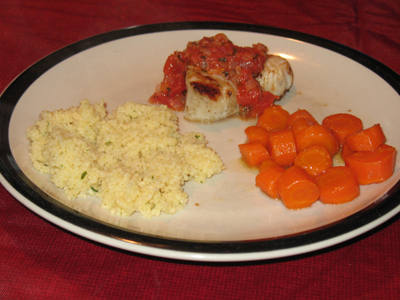 Dinner: grilled sea scallops with bruschetta, garlic & parmesan couscous, and glazed carrots