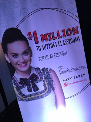 Poster of Katy Perry, announcing Staples' commitment to donate $1 million to classroom projects